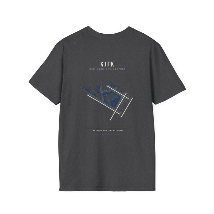 Black airport runway-map T-shirt, back view