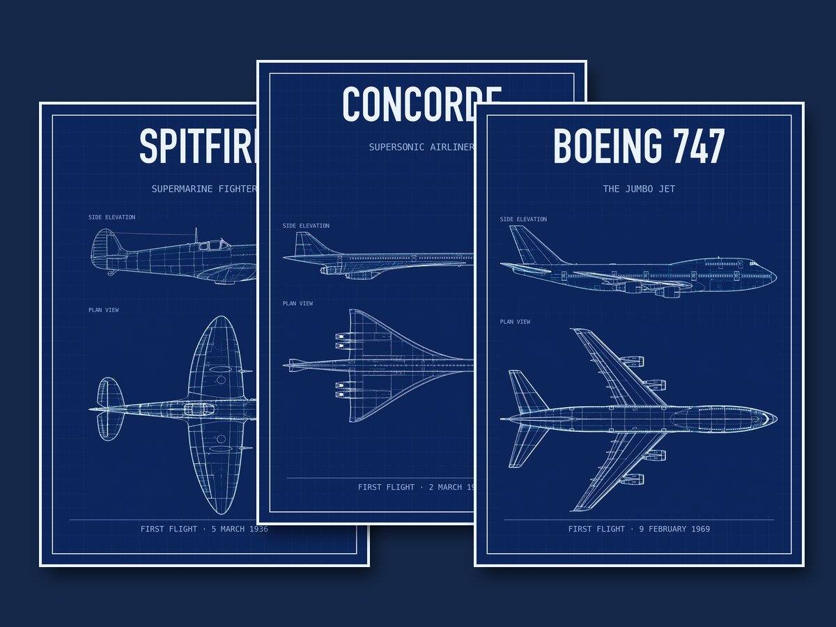 Blueprint-style aircraft posters: Spitfire, Concorde and Boeing 747