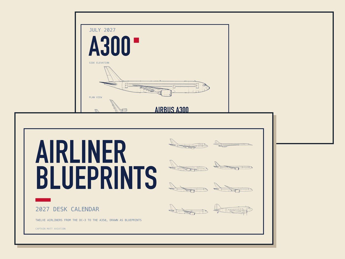 2027 airliner blueprint desk calendar with twelve aircraft from the DC-3 to the A350