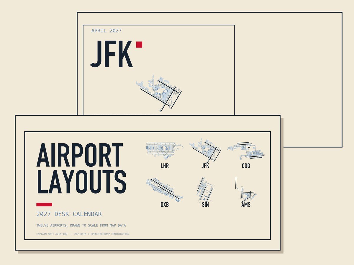 2027 airport desk calendar with twelve airport layouts drawn to scale