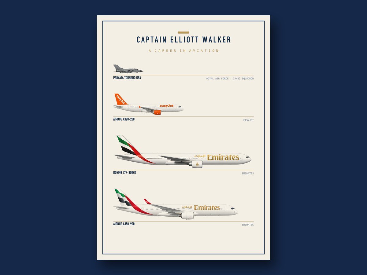 Personalised pilot career poster showing every aircraft flown, drawn to scale