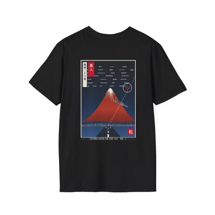 Black T-shirt with a red Mount Fuji aviation print